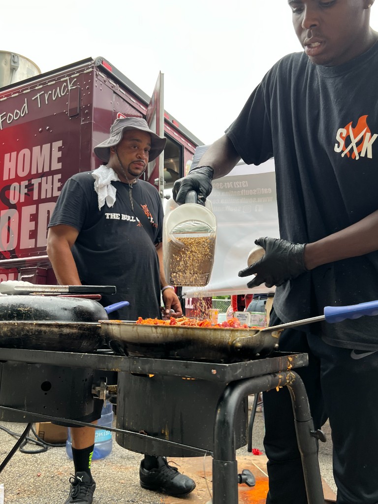Fresh festival food being prepared and served