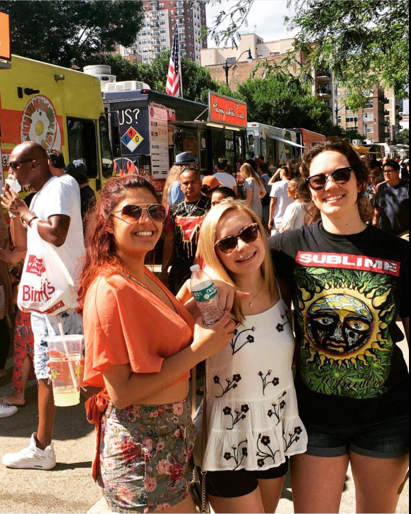Food truck row and blue sky over the Chicago Food Truck Festival site