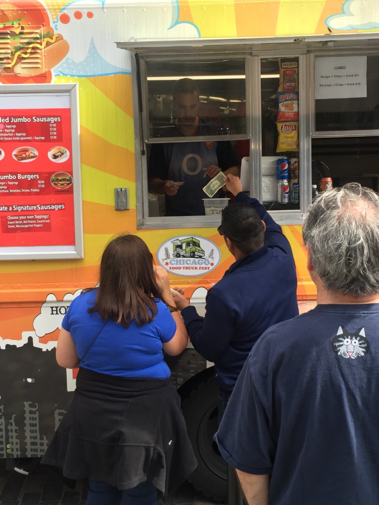Chicago Food Truck Festival vendor board above the Cubs Store at Wrigley Field