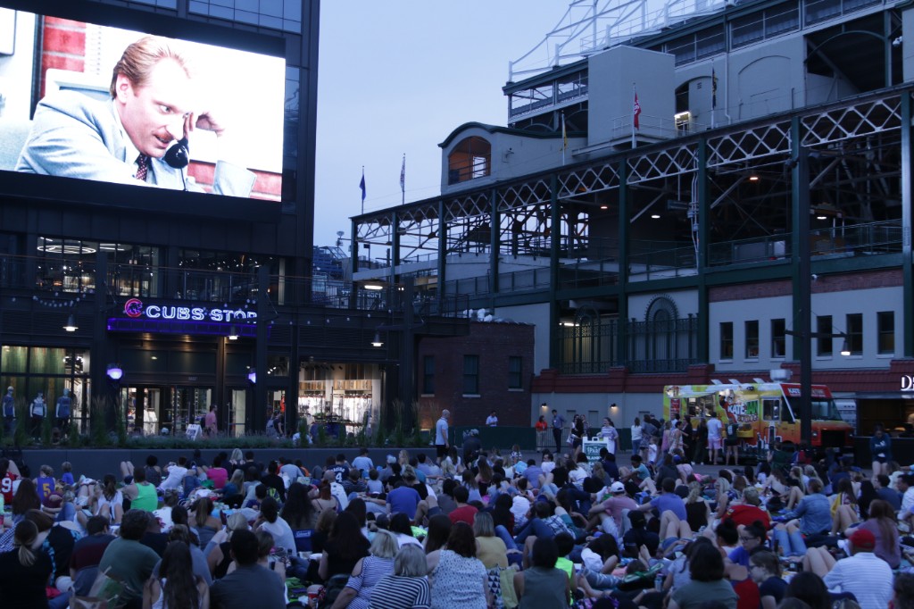 Gallagher Way plaza with Cubs Store and festival guests outside Wrigley Field