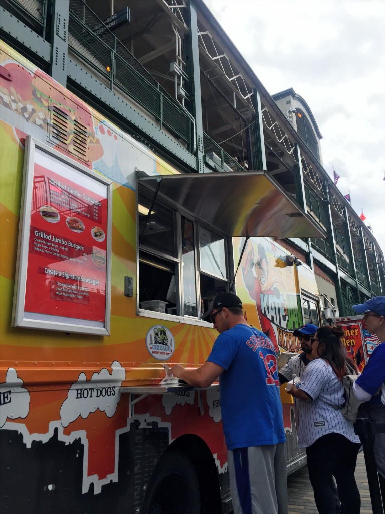 Kate & Jan Hotdogs truck with Cubs fans at Wrigley Field