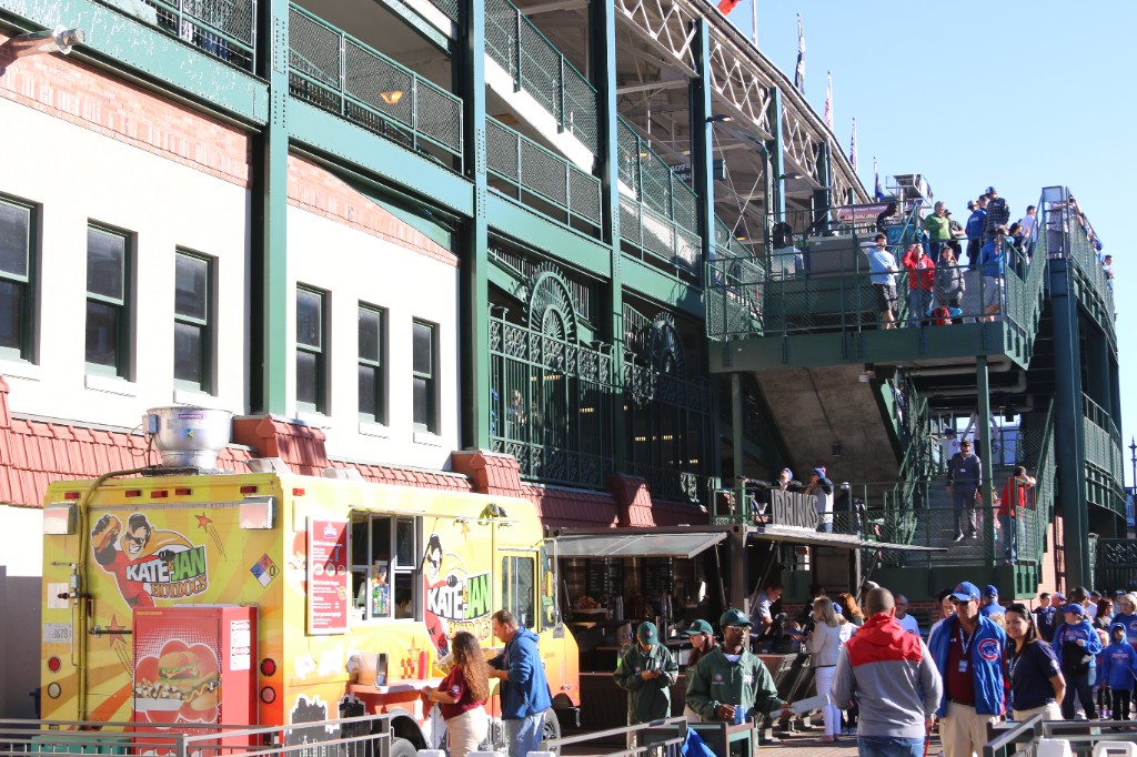 Kate & Jan Hotdogs truck and stadium ramps on a sunny Wrigley Field game day