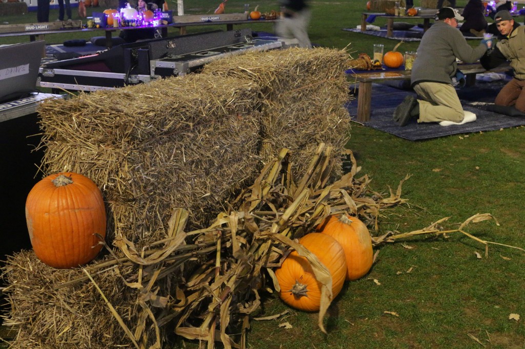 Friendsgiving dinner tables with blue runners, cornucopia, and Bud Light centerpieces under globe lights