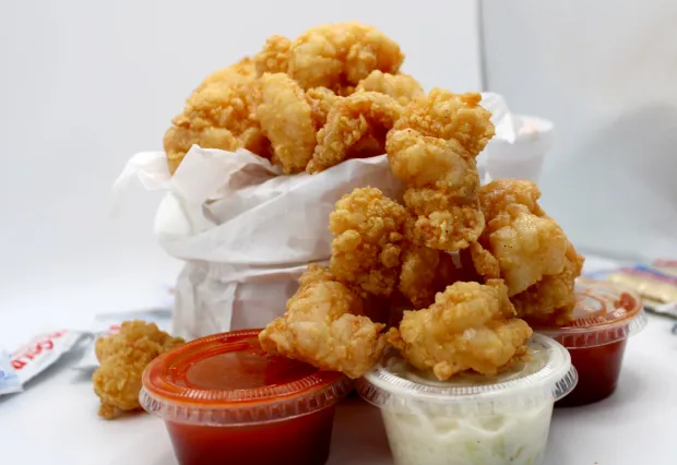 Haires Gulf Shrimp — golden fried shrimp with dipping sauces