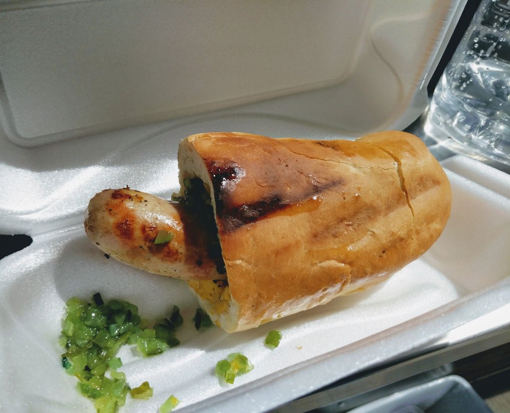 Sausage Fest — grilled sausage with green relish in a toasted roll